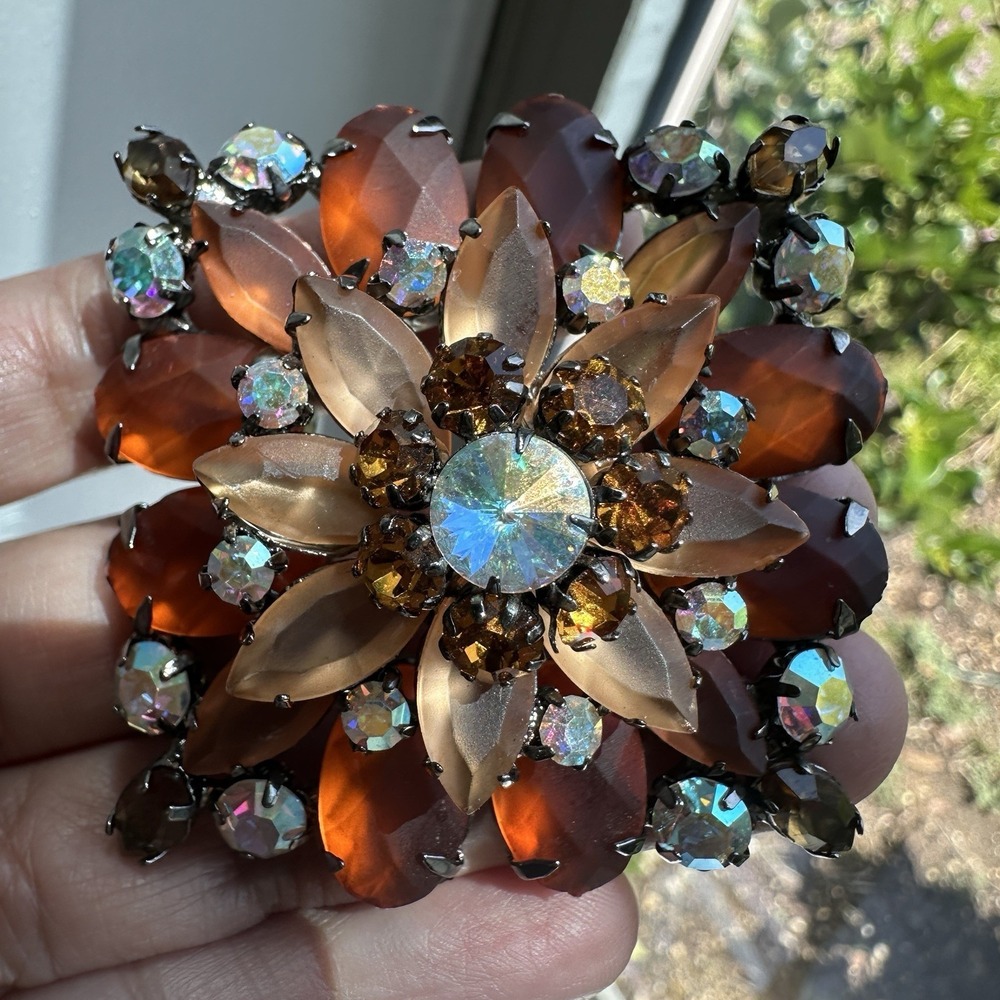 Vintage Flower Brooch 2 Inch Satin Amber Acrylic Layered Tiered Aurora‎ Borealis
